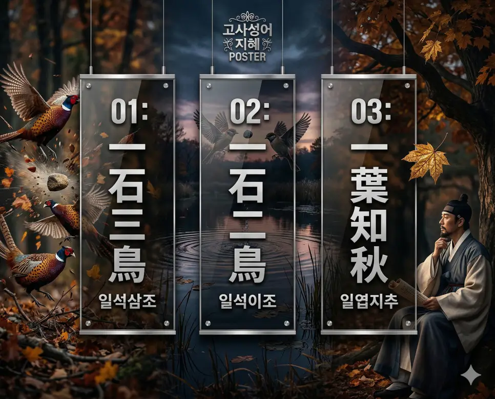 일석삼조 뜻, 일석이조 뜻, 일엽지추 뜻: 효율적인 성취와 징조를 읽는 통찰력의 지혜 4 일석삼조, 일석이조, 일엽지추의 뜻과 핵심을 담은 세련된 영화 포스터 스타일의 FAQ 인포그래픽