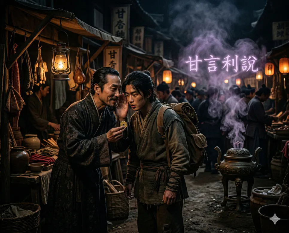 감개무량 뜻, 감언이설 뜻, 감지덕지 뜻: 감동과 유혹, 그리고 감사의 지혜 2 감언이설(甘言利說) 뜻 – 달콤한 말과 이로운 조건으로 남을 꾐을 뜻하며, 한자 '甘言利說'이 배경에 흐르는 유혹의 사실적 이미지
