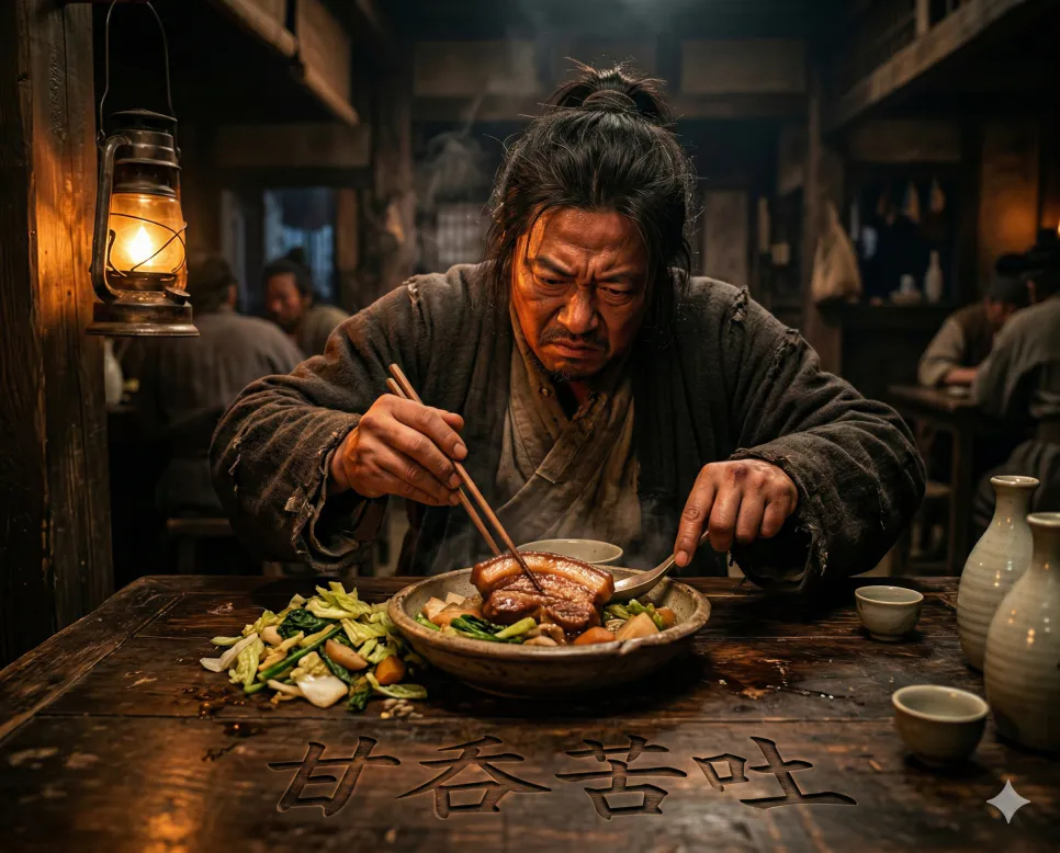 감탄고토 뜻, 갑남을녀 뜻, 갑론을박 뜻: 이기심과 평범함, 그리고 치열한 논쟁 1 감탄고토(甘呑苦吐) 뜻 – 달면 삼키고 쓰면 뱉는 이기적인 태도를 의미하며, 한자 '甘呑苦吐'가 새겨진 음식 앞의 사실적인 이미지