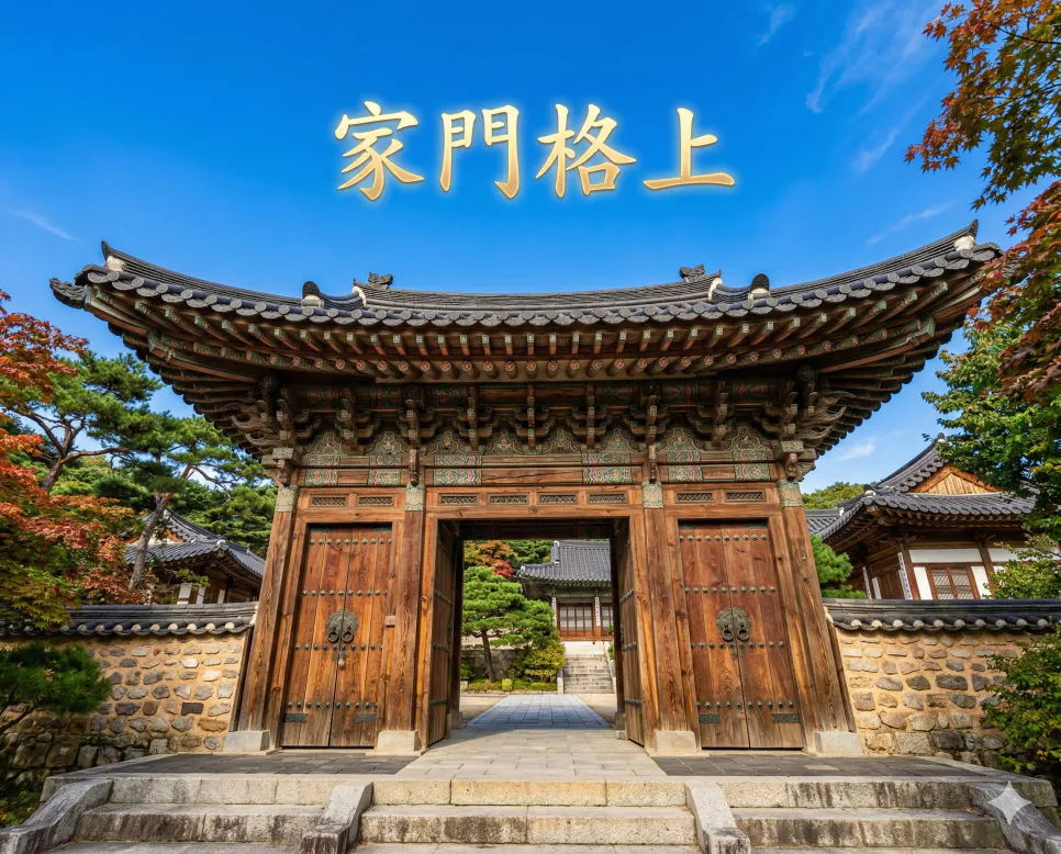가무담석 뜻, 가문격상 뜻, 가렴주구 뜻: 가난과 명예, 그리고 탐욕의 고사성어 2 가문격상(家門格上) 뜻 – 가문의 명예를 높임을 뜻하는 한자 '家門格上'이 새겨진 대문 사실적 이미지