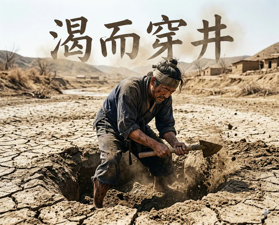 간어제초 뜻, 간장막야 뜻, 갈이천정 뜻: 생존, 능력, 그리고 대비의 지혜 3 갈이천정(渴而穿井) 뜻 – 목이 말라야 우물을 판다는 뜻으로 미리 준비하지 않음을 경계하며, 한자 '渴而穿井'이 새겨진 사실적 이미지