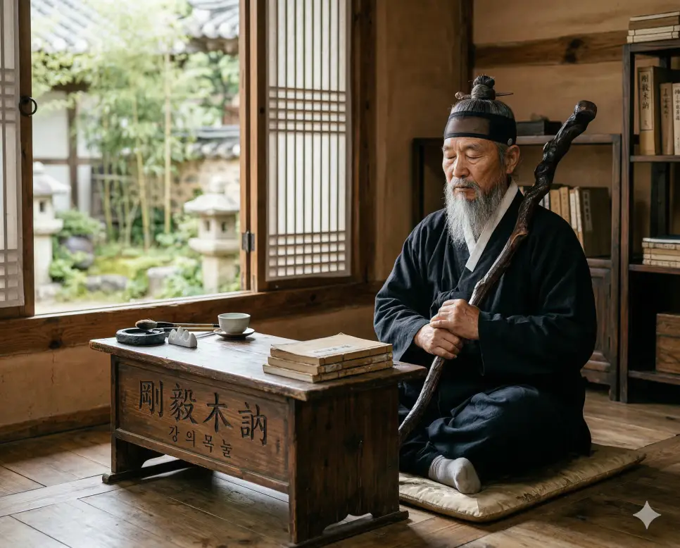 강의목눌(剛毅木訥) 뜻 – 의지가 굳고 질박하며 말수가 적어 덕이 있다는 뜻으로, 굳센 표정으로 묵묵히 앉아 있는 선비의 사실적 이미지