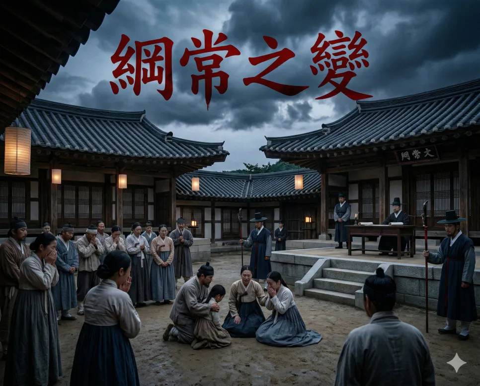 강구연월 뜻, 강노지말 뜻, 강상지변 뜻: 평화와 쇠락, 그리고 시대의 변고 3 강상지변(綱常之變) 뜻 – 삼강오륜이 무너지는 대변고를 의미하며, 한자 '綱常之변'이 배경에 흐르는 비장한 사실적 이미지