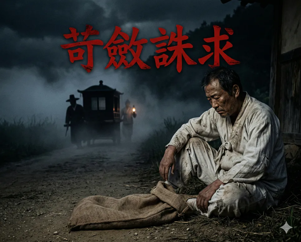 가무담석 뜻, 가문격상 뜻, 가렴주구 뜻: 가난과 명예, 그리고 탐욕의 고사성어 3 가렴주구(苛斂誅求) 뜻 – 가혹한 세금 수탈을 의미하는 한자 '苛斂誅求'가 새겨진 민초의 사실적 이미지