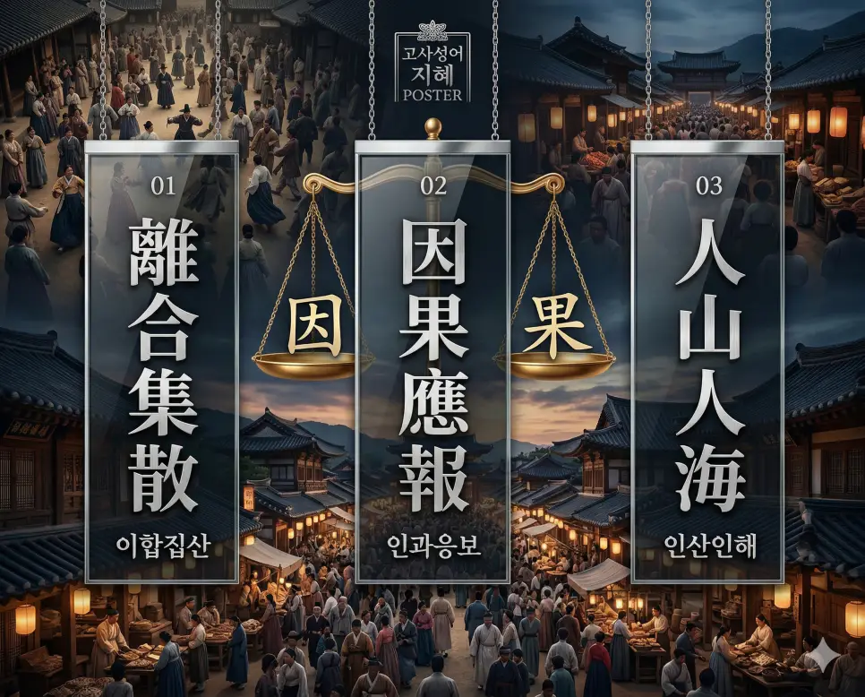 이합집산 뜻, 인과응보 뜻, 인산인해 뜻: 모이고 흩어지는 흐름과 인과의 법칙, 군중의 지혜 정리 4 이합집산, 인과응보, 인산인해의 뜻과 핵심을 담은 세련된 영화 포스터 스타일의 FAQ 인포그래픽