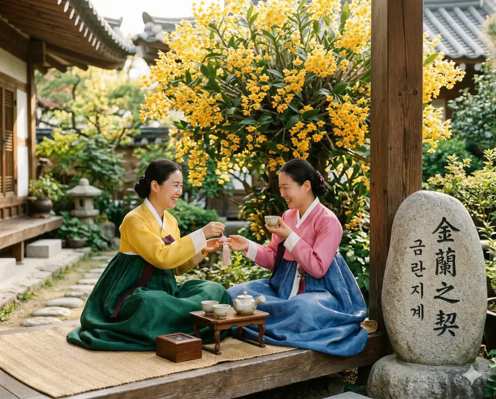 거경궁리 뜻, 견강부회 뜻, 금란지계 뜻: 학문의 근본과 억지 주장, 변치 않는 우정의 지혜 정리 3 금란지계(金蘭之契) 뜻 – 단단하기가 금 같고 향기롭기가 난초 같은 우정이라는 뜻으로, 활짝 핀 황금 난초 아래에서 차를 마시며 미소 짓는 두 친구의 사실적 이미지