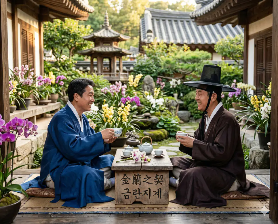 금란지계 뜻, 물실호기 뜻, 미사여구 뜻: 변치 않는 우정과 기회, 표현의 지혜 정리 1 금란지계(金蘭之契) 뜻 – 단단하기가 쇠와 같고 향기가 난초와 같은 우정을 의미하며, 난초가 핀 정원에서 차를 나누는 두 친구의 사실적인 이미지