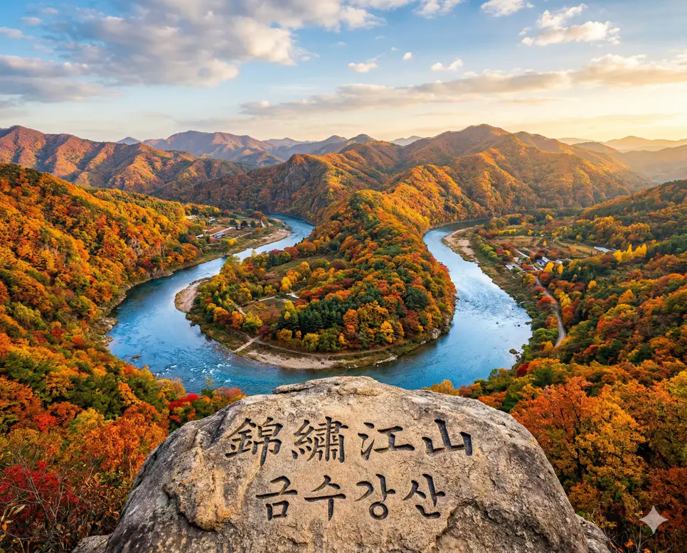 금서지감 뜻, 금수강산 뜻, 금슬지락 뜻: 추억과 아름다움, 그리고 화목의 지혜 정리 2 금수강산(錦繡江山) 뜻 – 비단에 수를 놓은 듯 아름다운 강산을 의미하며, 굽이치는 강줄기와 단풍 든 산맥이 어우러진 경이롭고 사실적인 이미지