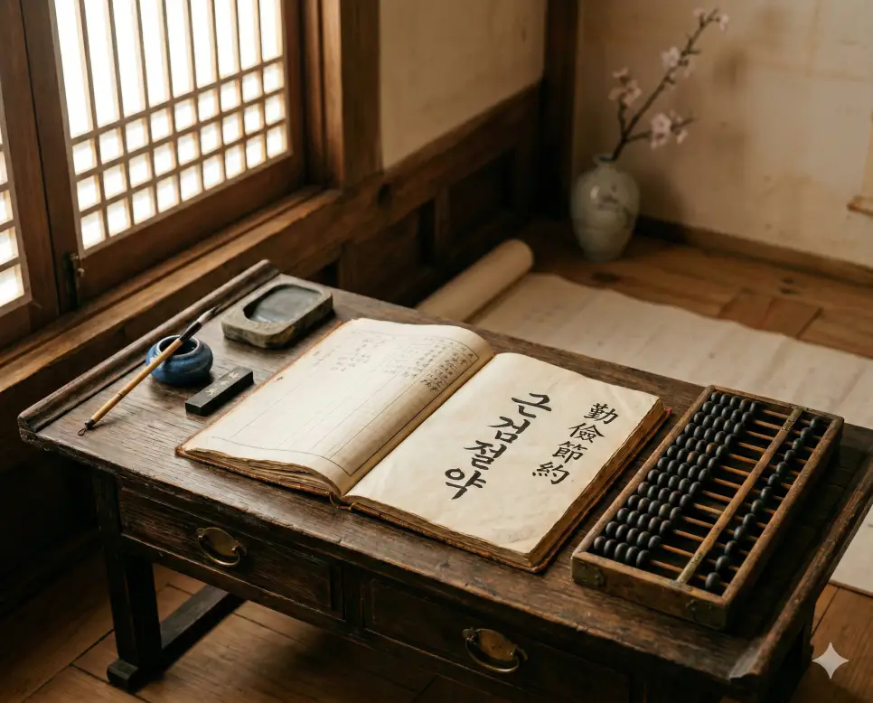 근검절약(勤儉節約) 뜻 – 부지런하고 알뜰하게 재물을 아낌을 의미하며, 정갈하게 정리된 곳간과 가계부를 적는 손길의 사실적 이미지
