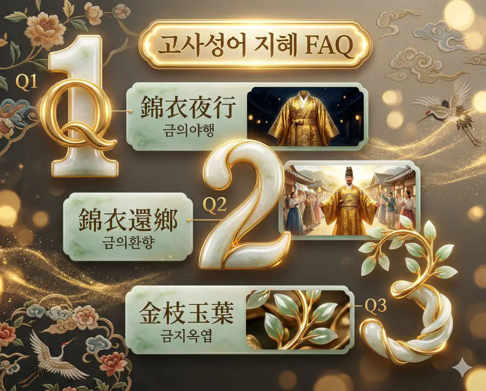 금의야행 뜻, 금의환향 뜻, 금지옥엽 뜻: 헛된 영광과 당당한 성공, 소중한 가치 정리 4 금의야행, 금의환향, 금지옥엽의 뜻과 지혜를 한눈에 정리한 세련된 매거진 스타일의 FAQ 인포그래픽