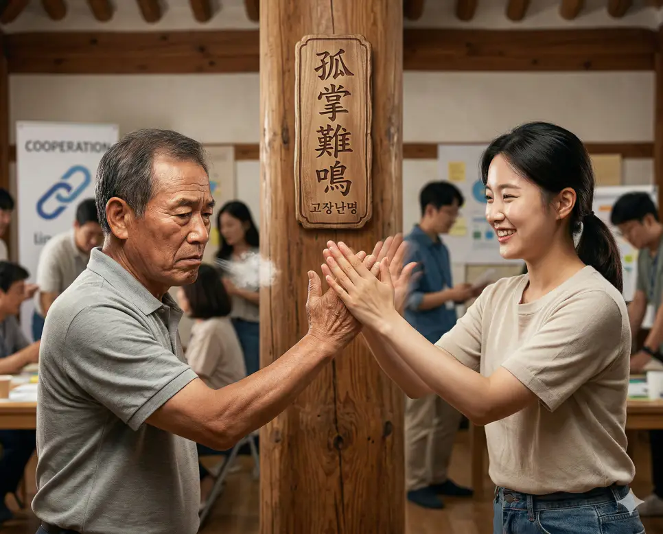 고육지책 뜻, 고장난명 뜻, 고진감래 뜻: 희생과 협력 뒤에 오는 달콤한 결실 2 고장난명(孤掌難鳴) 뜻 – 외손뼉은 울릴 수 없다는 뜻으로 혼자서는 일을 이루기 힘듦을 의미하며, 두 손이 마주치는 협력의 사실적 이미지
