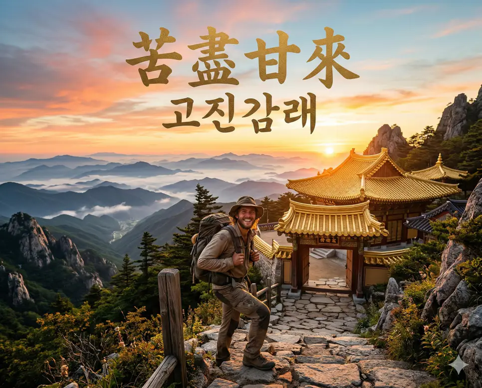 고육지책 뜻, 고장난명 뜻, 고진감래 뜻: 희생과 협력 뒤에 오는 달콤한 결실 3 고진감래(苦盡甘來) 뜻 – 고생 끝에 즐거움이 옴을 의미하며, 험한 길을 지나 찬란한 빛을 마주하는 성공의 사실적 이미지