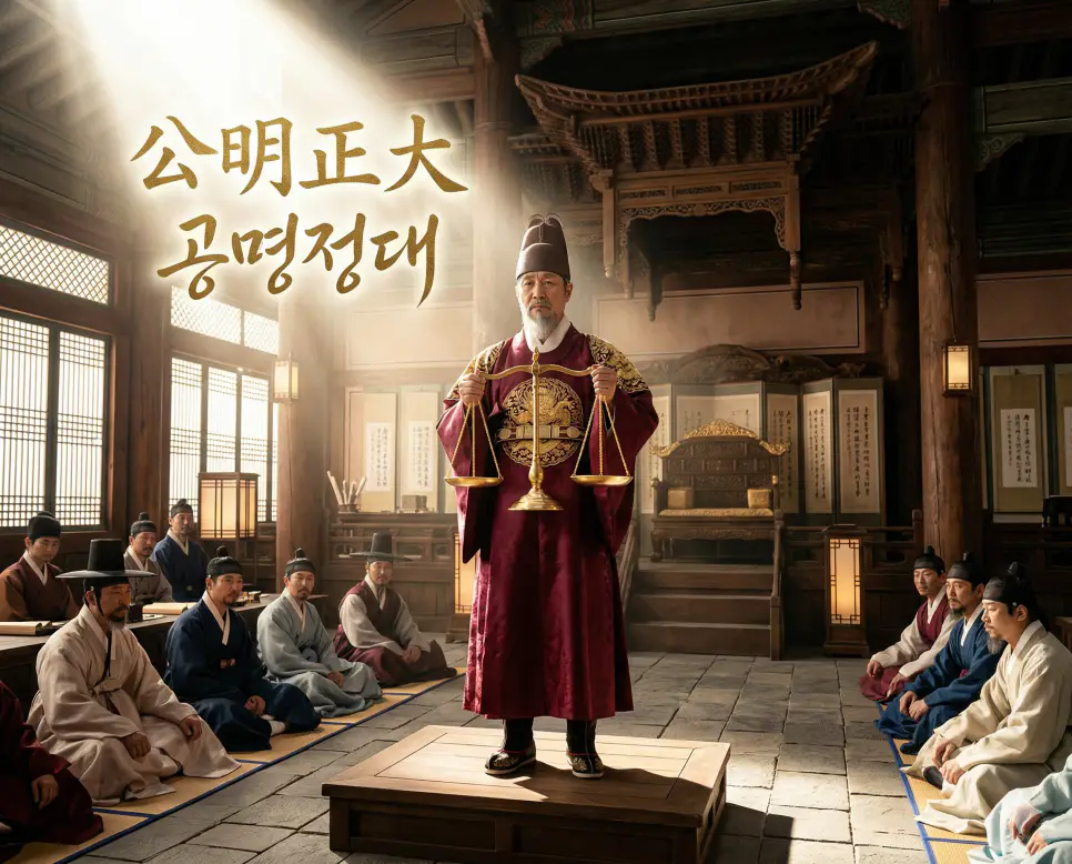 곡학아세 뜻, 골육상쟁 뜻, 공명정대 뜻: 왜곡된 진실과 비극을 넘어선 정의 3 공명정대(公明正大) 뜻 – 마음이 공평하고 정당함을 의미하며, 빛이 쏟아지는 법정에서 공정하게 서 있는 심판관의 사실적 이미지