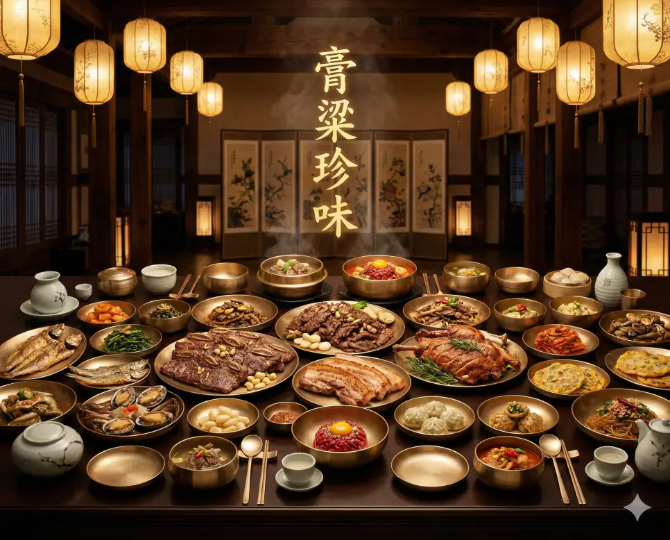 고량진미(膏粱珍味) 뜻 – 기름진 고기와 좋은 곡식으로 만든 맛있는 음식을 뜻하며, 한자 '膏粱珍味'가 배경에 흐르는 화려한 잔칫상의 사실적 이미지