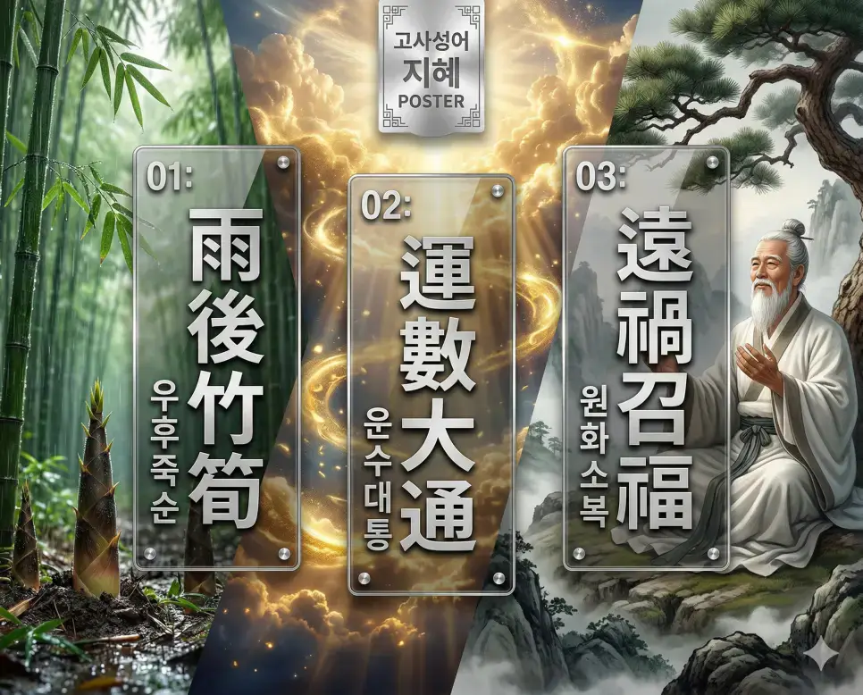 우후죽순 뜻, 운수대통 뜻, 원화소복 뜻: 거침없는 기세와 거대한 행운, 복을 부르는 지혜 정리 4 우후죽순, 운수대통, 원화소복의 뜻과 핵심을 담은 세련된 영화 포스터 스타일의 FAQ 인포그래픽
