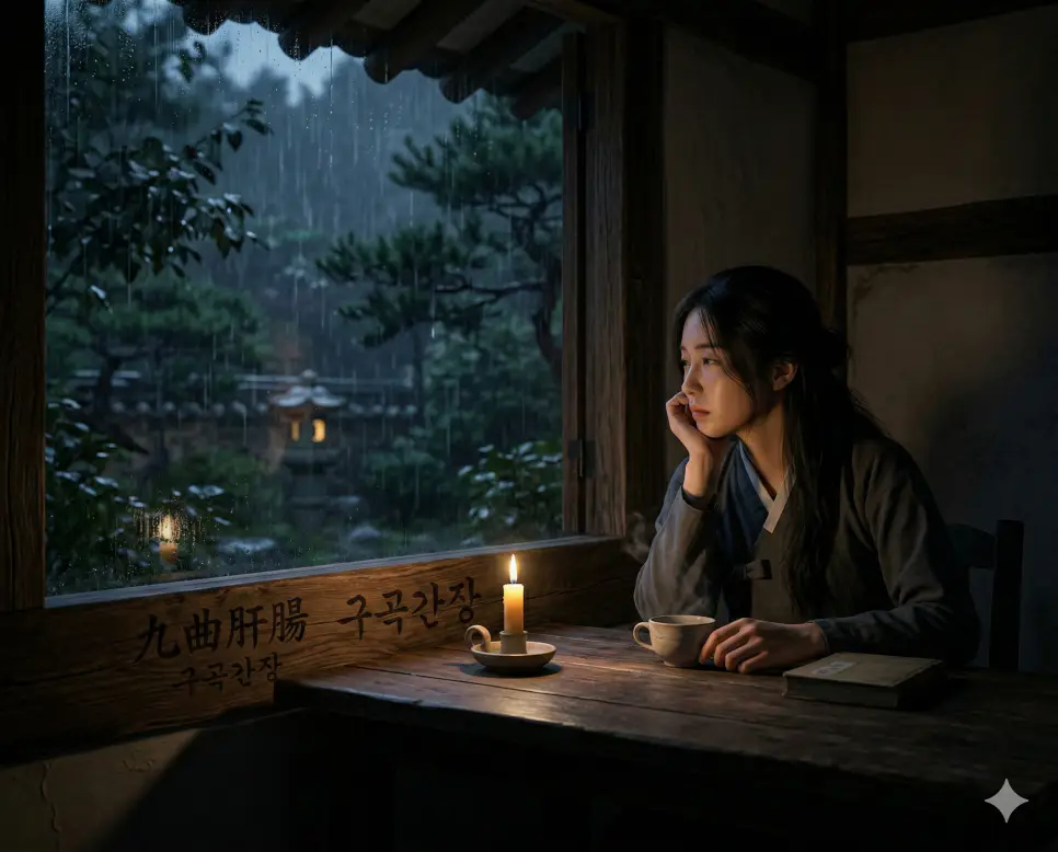 교우이신 뜻, 교학상장 뜻, 구곡간장 뜻: 믿음과 성장을 지나 마주한 깊은 감정 3 구곡간장(九曲肝腸) 뜻 – 굽이굽이 사무친 마음속 시름을 의미하며, 깊은 밤 홀로 앉아 창밖을 보며 생각에 잠긴 인물의 사실적 이미지