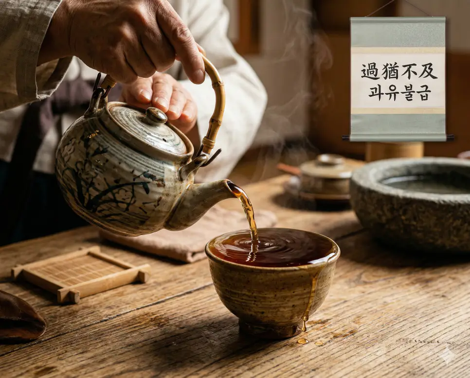 과대망상 뜻, 과유불급 뜻, 관포지교 뜻: 허상을 넘어선 절제와 진실한 우정 2 과유불급(過猶不及) 뜻 – 정도를 지나침은 미치지 못한 것과 같음을 의미하며, 넘치기 직전의 잔을 위태롭게 들고 있는 사실적 이미지