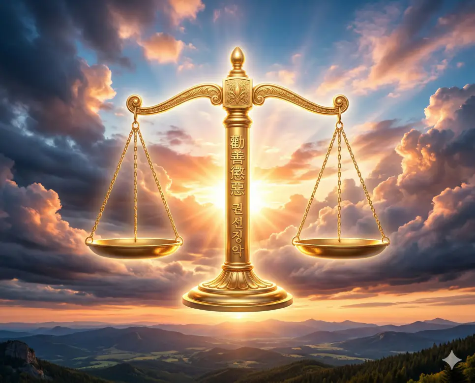 군주민수 뜻, 권불십년 뜻, 권선징악 뜻: 리더의 품격과 변치 않는 정의의 가치 3 권선징악(勸善懲惡) 뜻 – 착한 일을 권하고 악한 일을 벌함을 의미하며, 어둠을 뚫고 솟아오르는 태양과 황금빛 저울의 사실적 이미지