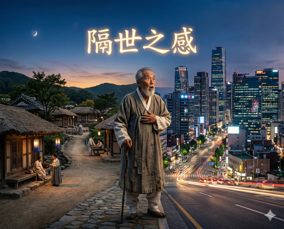 격세지감 뜻, 격화소양 뜻, 견리망의 뜻: 변화의 놀라움과 본질의 중요성 1 격세지감(隔世之感) 뜻 – 딴 세대와 같은 느낌을 의미하며, 한자 '隔世之感'이 새겨진 과거와 현재가 교차하는 사실적 이미지