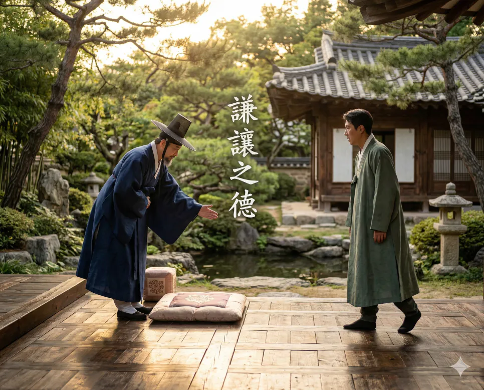 결행결심 뜻, 겸양지덕 뜻, 경거망동 뜻: 단호한 결단과 겸손의 미덕, 그리고 신중함 2 겸양지덕(謙讓之德) 뜻 – 겸손하게 사양하는 미덕을 뜻하며, 한자 '謙讓之德'이 배경에 흐르는 고결한 인품의 사실적 이미지