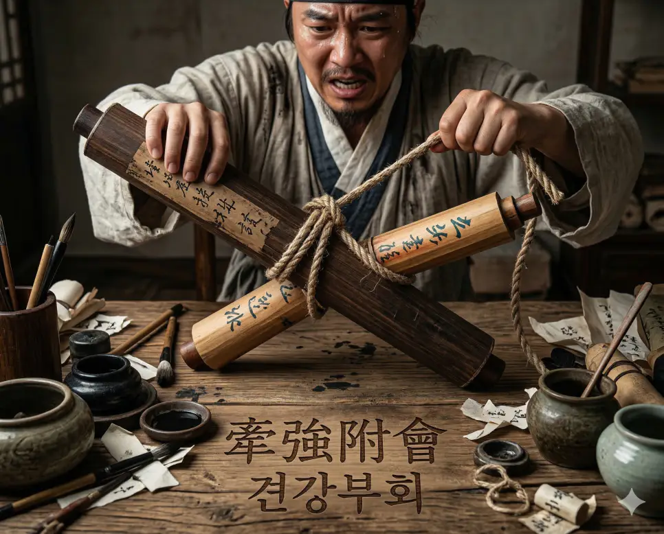 거경궁리 뜻, 견강부회 뜻, 금란지계 뜻: 학문의 근본과 억지 주장, 변치 않는 우정의 지혜 정리 2 견강부회(牽強附會) 뜻 – 억지로 이치에 맞지 않는 주장을 끌어붙인다는 뜻으로, 서로 다른 내용의 두루마리를 억지로 밧줄로 묶어 이으려는 남성의 사실적 이미지