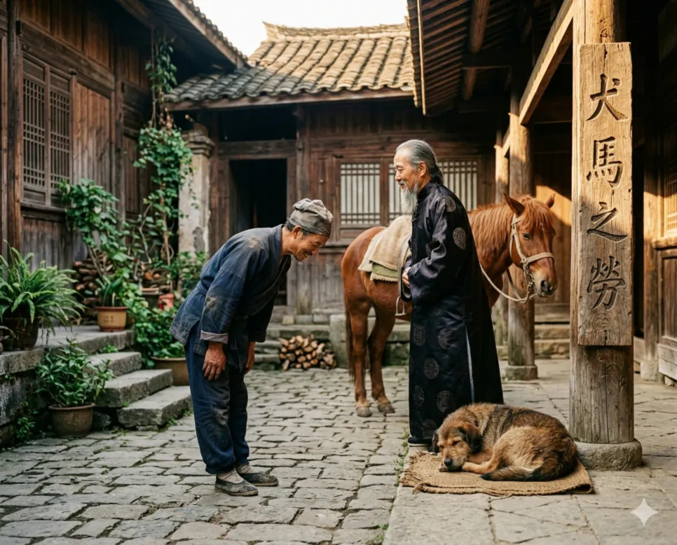 견마지로(犬馬之勞) 뜻 – 개나 말 정도의 하찮은 힘이지만 충성을 다함을 뜻하며, 한자 '犬馬之勞'가 배경에 흐르는 충직한 일꾼의 사실적 이미지