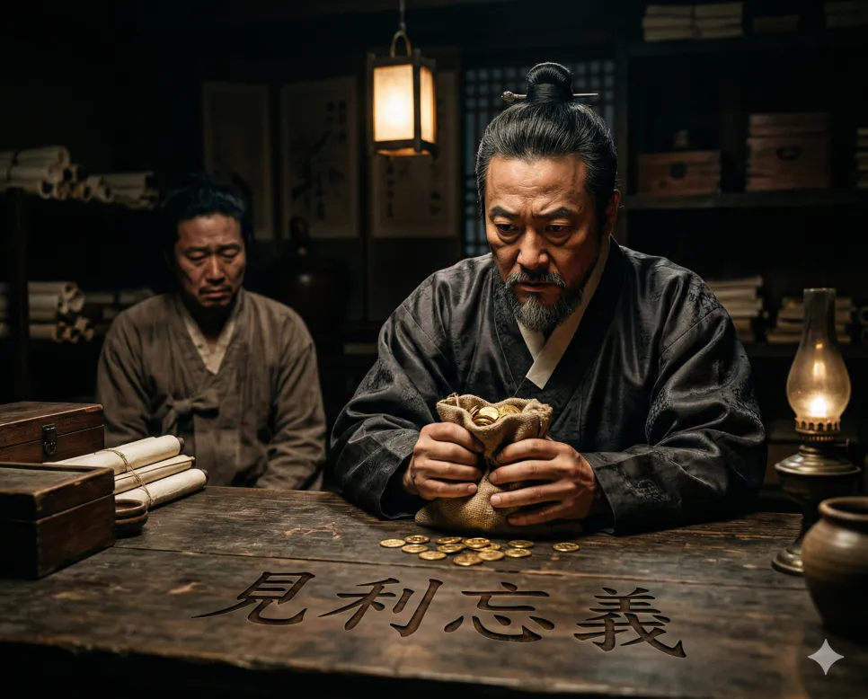 격세지감 뜻, 격화소양 뜻, 견리망의 뜻: 변화의 놀라움과 본질의 중요성 3 견리망의(見利忘義) 뜻 – 이익을 보면 의리를 잊음을 의미하며, 한자 '見利忘義'가 새겨진 탐욕스러운 선택의 순간을 담은 사실적 이미지