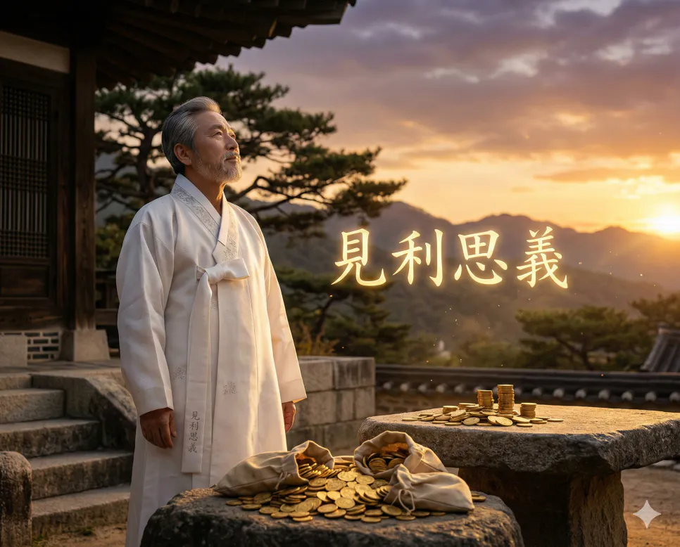 견리사의(見利思義) 뜻 – 이익을 보면 의리를 먼저 생각함을 의미하며, 한자 '見利思義'가 새겨진 고결한 선비의 선택을 담은 사실적 이미지
