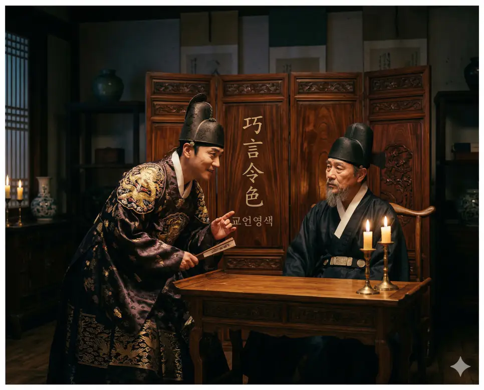 괄목상대 뜻, 교언영색 뜻, 국사무쌍 뜻: 놀라운 발전과 아부의 경계, 독보적인 인재의 지혜 정리 2 교언영색(巧言令色) 뜻 – 교묘한 말과 아첨하는 얼굴빛이라는 뜻으로, 남의 비위를 맞추기 위해 꾸며낸 아첨의 표정을 담은 사실적 이미지
