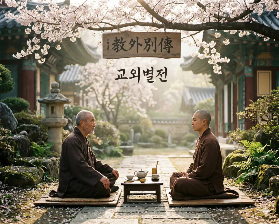 광풍제월 뜻, 교각살우 뜻, 교외별전 뜻: 맑은 성품과 본질을 꿰뚫는 지혜 3 교외별전(敎外別傳) 뜻 – 마음에서 마음으로 전하는 진리를 의미하며, 스승과 제자가 조용히 눈을 맞추며 미소 짓는 사실적 이미지