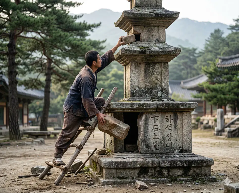 하석상대(下石上臺) 뜻 – 아랫돌 빼서 윗돌 괴기라는 뜻으로, 임시변통으로 이리저리 둘러맞춤을 묘사한 사실적 이미지
