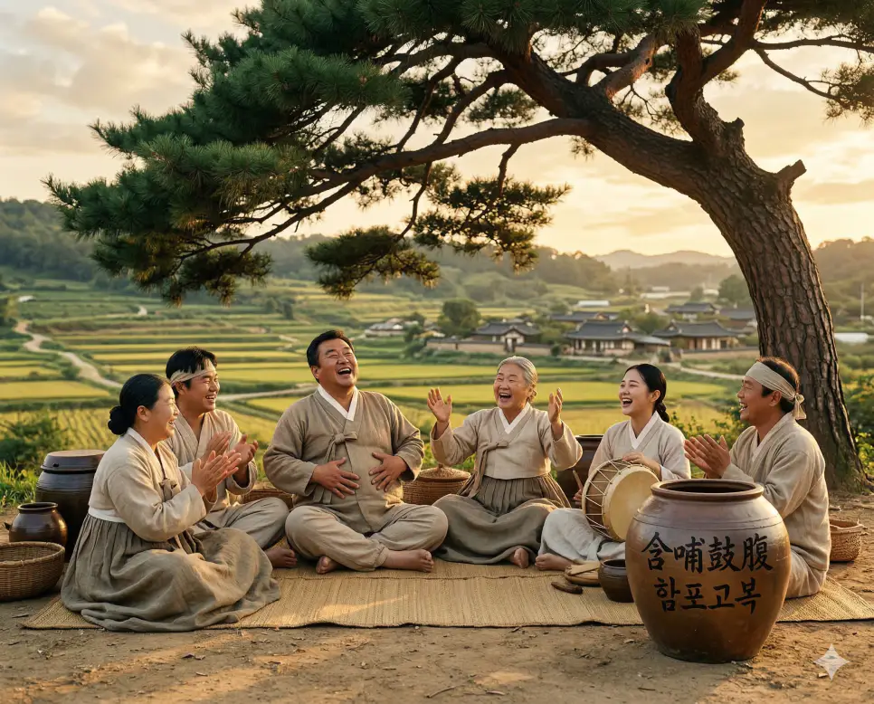 함포고복(含哺鼓腹) 뜻 – 배불리 먹고 배를 두드린다는 뜻으로, 태평성대에 즐겁게 지내는 백성들의 모습을 담은 사실적 이미지