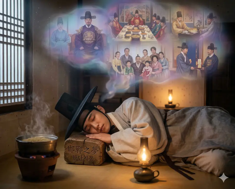 한단지몽(邯鄲之夢) 뜻 – 한단에서 꾼 꿈이라는 뜻으로, 인생의 덧없음과 부귀영화의 허무함을 상징하는 사실적 이미지