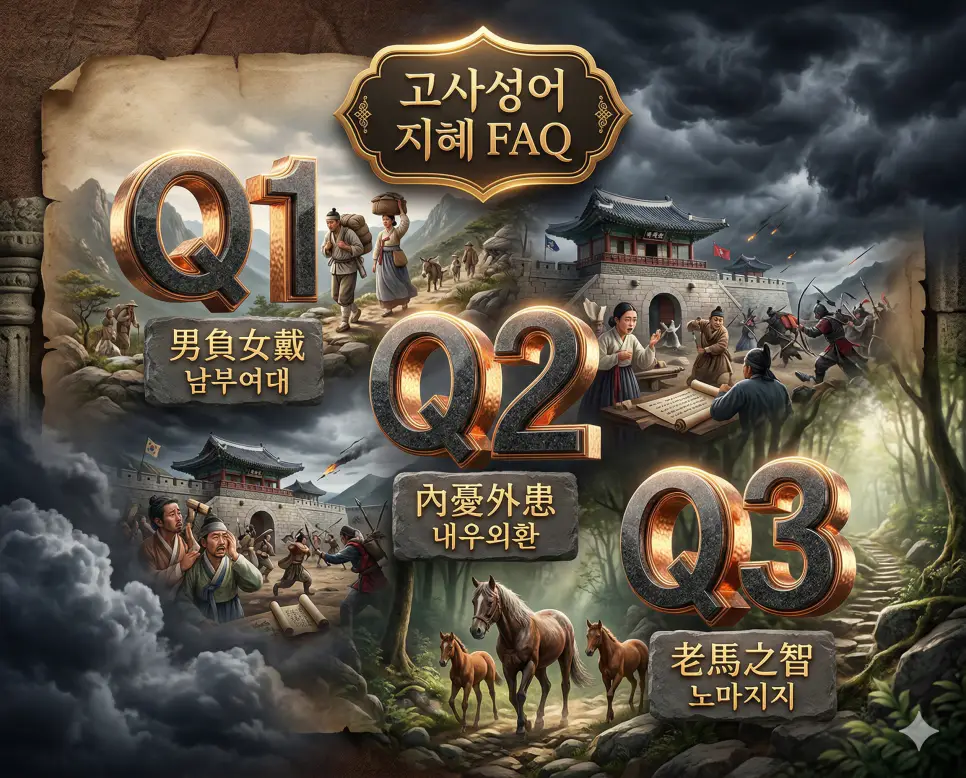 남부여대, 내우외환, 노마지지의 뜻과 지혜를 한눈에 정리한 세련된 매거진 스타일의 FAQ 인포그래픽