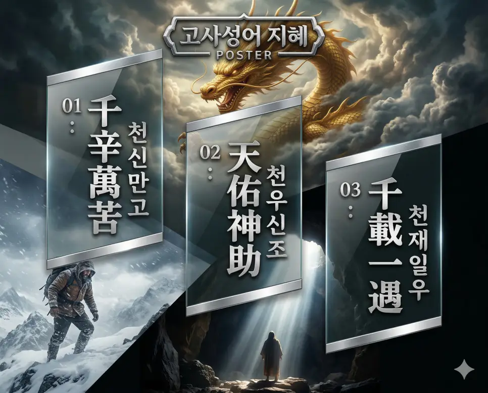 천신만고, 천우신조, 천재일우의 뜻과 핵심을 담은 세련된 영화 포스터 스타일의 고사성어 인포그래픽