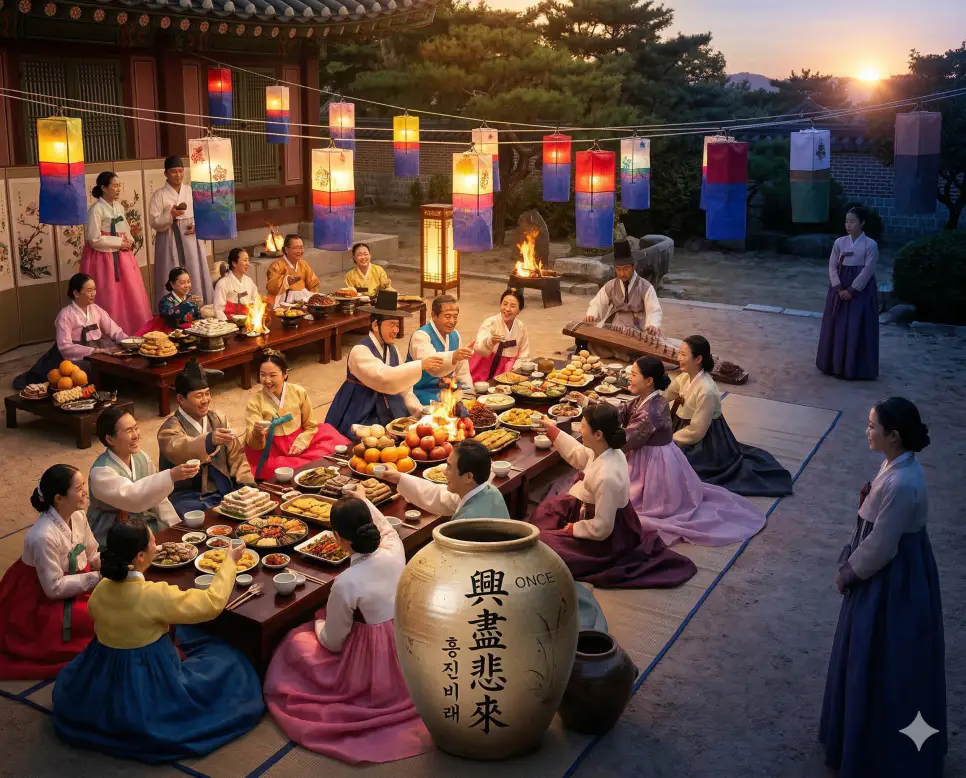 흥진비래(興盡悲來) 뜻 – 즐거운 일이 다하면 슬픈 일이 온다는 뜻으로, 화려한 연회 뒤로 지는 해와 어둠이 찾아옴을 묘사한 사실적 이미지