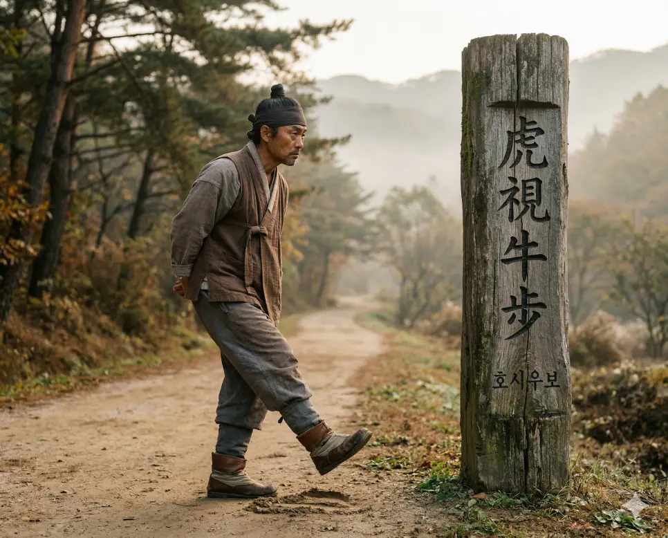 호시우보(虎視牛步) 뜻 – 호랑이처럼 보고 소처럼 걷는다는 뜻으로, 날카로운 통찰력과 신중한 실행력을 묘사한 사실적 이미지
