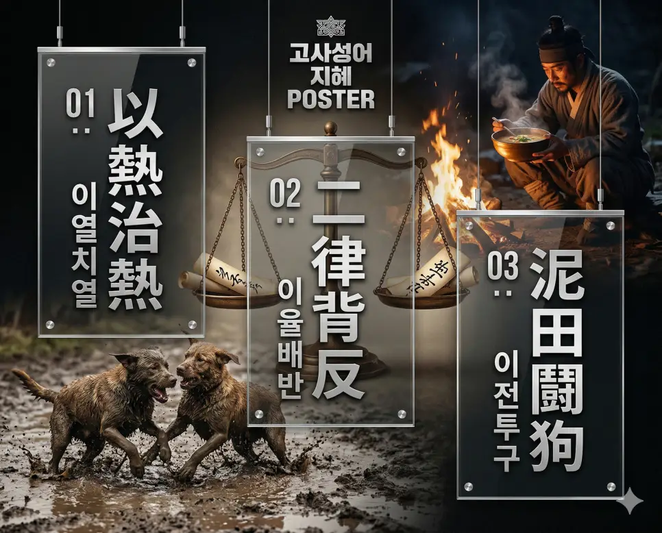이열치열 뜻, 이율배반 뜻, 이전투구 뜻: 정면 돌파의 지혜와 모순의 경계, 처세의 철학 정리 4 이열치열, 이율배반, 이전투구의 뜻과 핵심을 담은 세련된 영화 포스터 스타일의 FAQ 인포그래픽