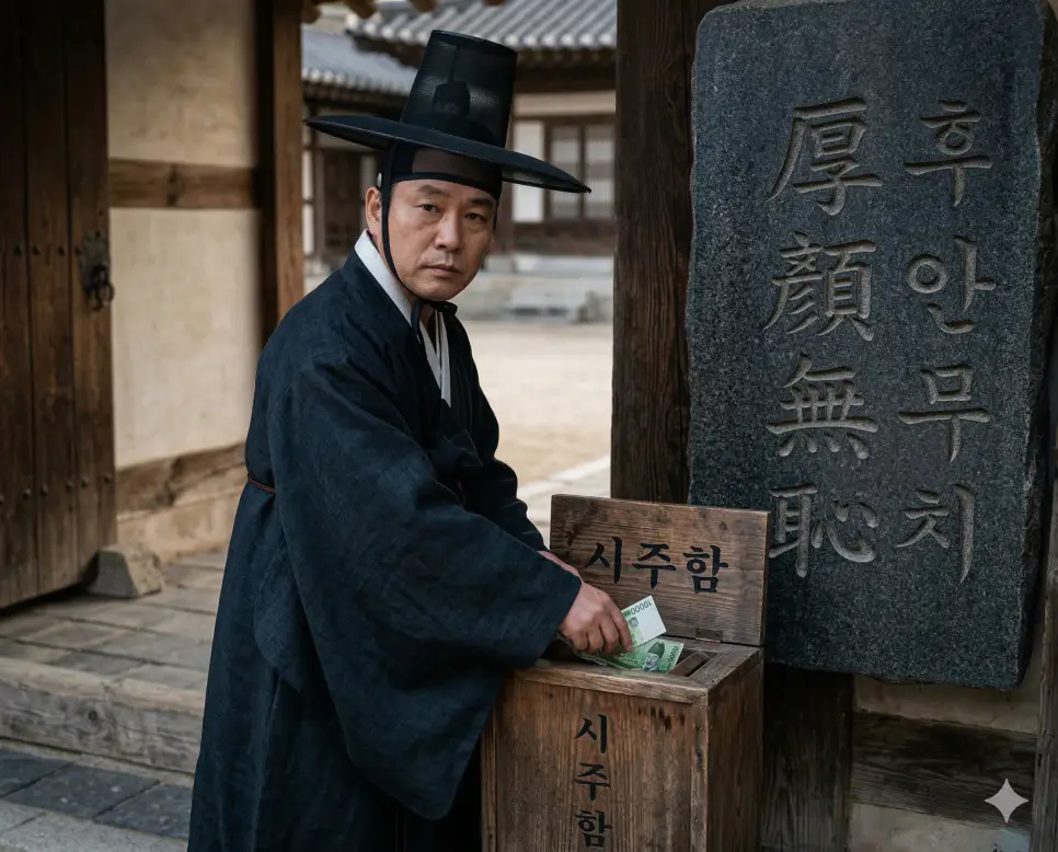 후안무치(厚顔無恥) 뜻 – 얼굴 두껍기가 쇠가죽 같아 부끄러움을 모른다는 뜻으로, 뻔뻔한 표정의 인물을 상징하는 사실적 이미지