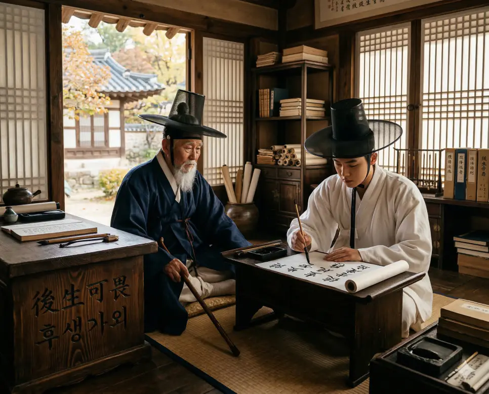 후생가외(後生可畏) 뜻 – 젊은 후배들이 선배보다 나아질 수 있어 두렵고 존경스럽다는 뜻으로, 스승이 제자를 대견하게 보는 사실적 이미지