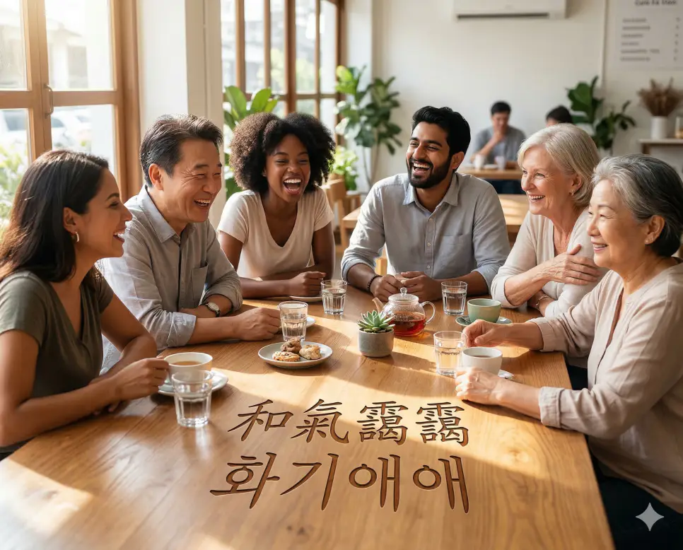 홍익인간 뜻, 홍일점 뜻, 화기애애 뜻: 널리 인간을 이롭게 하는 정신과 돋보이는 존재, 화목한 분위기 정리 3 화기애애(和氣靄靄) 뜻 – 화목한 기운이 넘쳐흐른다는 뜻으로, 사람들이 밝게 웃으며 대화하는 즐거운 분위기의 사실적 이미지