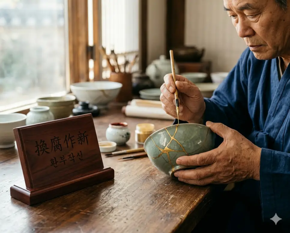 환골탈태 뜻, 환부작신 뜻, 황금만능 뜻: 혁신적인 변화와 고난을 통한 치유, 물질주의의 경계 정리 2 환부작신(換腐作新) 뜻 – 썩은 것을 갈아 새것으로 만든다는 뜻으로, 깨진 도자기를 금으로 정성스럽게 복원하여 이전보다 더 아름답게 재탄생시키는 예술적인 사실적 이미지