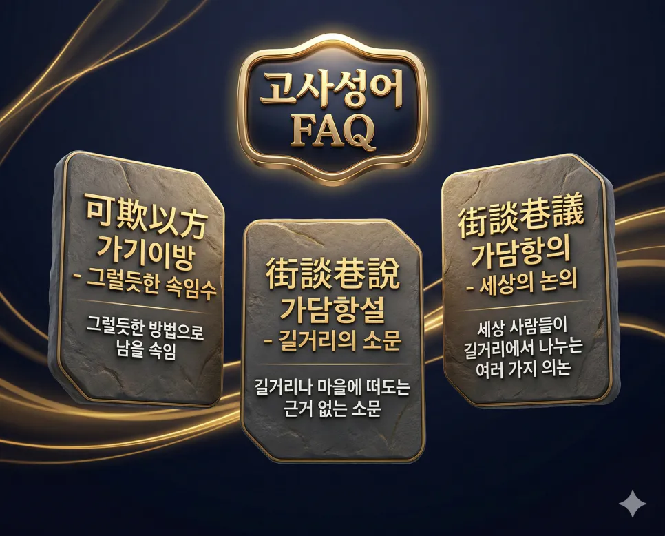 가기이방 뜻, 가담항설 뜻, 가담항의 뜻: 속임수와 말조심에 대한 고사성어 4 가기이방·가담항설·가담항의 세 가지 고사성어의 한자 뜻과 유래를 한눈에 정리한 FAQ 인포그래픽