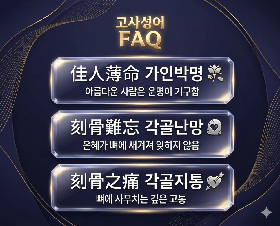 가인박명, 각골난망, 각골지통 뜻 완벽 정리 4 가인박명, 각골난망, 각골지통의 한자 뜻과 유래를 한눈에 정리한 FAQ 인포그래픽