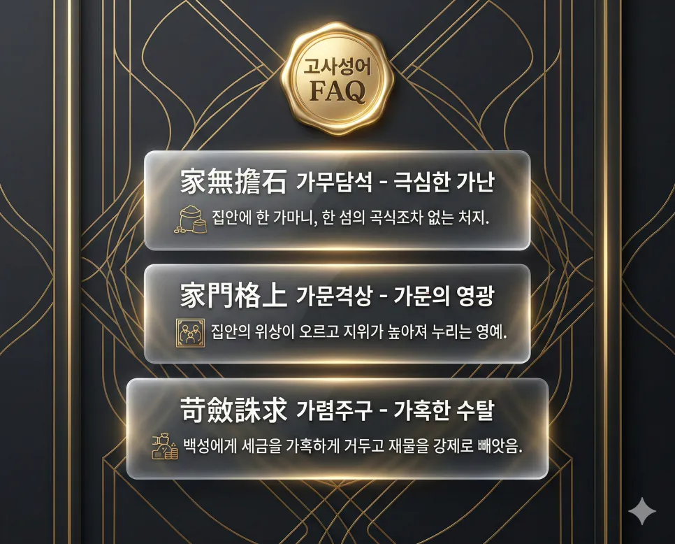 가무담석 뜻, 가문격상 뜻, 가렴주구 뜻: 가난과 명예, 그리고 탐욕의 고사성어 4 가무담석, 가문격상, 가렴주구의 한자 뜻과 의미를 한눈에 정리한 FAQ 인포그래픽