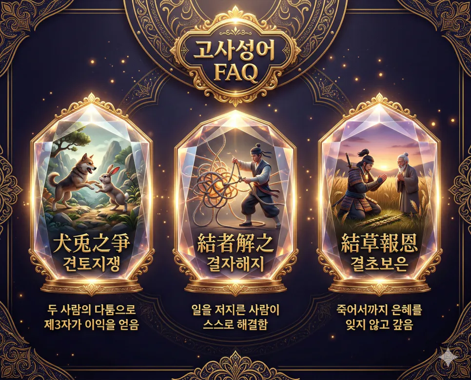 견토지쟁, 결자해지, 결초보은의 한자 뜻과 유래, 현대적 교훈을 한눈에 정리한 FAQ 인포그래픽