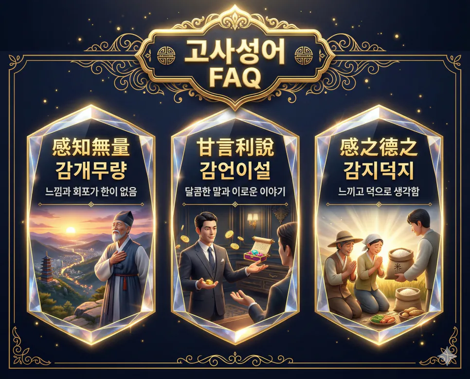 감개무량 뜻, 감언이설 뜻, 감지덕지 뜻: 감동과 유혹, 그리고 감사의 지혜 4 감개무량, 감언이설, 감지덕지의 한자 뜻과 유래, 현대적 의미를 한눈에 정리한 FAQ 인포그래픽