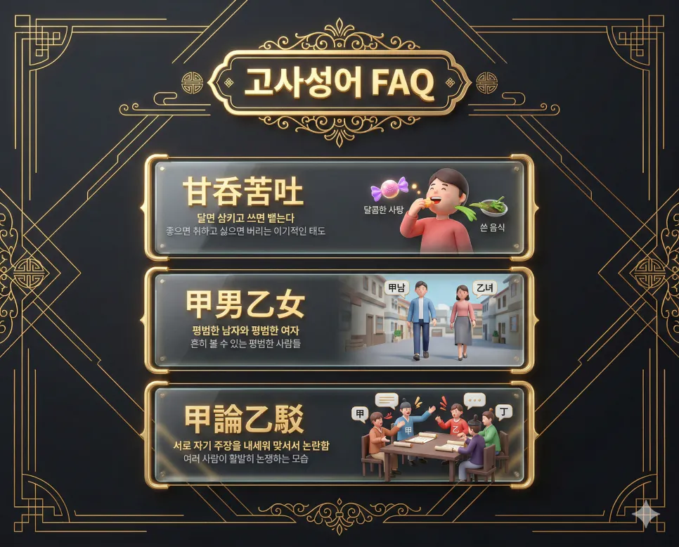 감탄고토 뜻, 갑남을녀 뜻, 갑론을박 뜻: 이기심과 평범함, 그리고 치열한 논쟁 4 감탄고토, 갑남을녀, 갑론을박의 한자 뜻과 유래, 현대적 의미를 한눈에 정리한 FAQ 인포그래픽