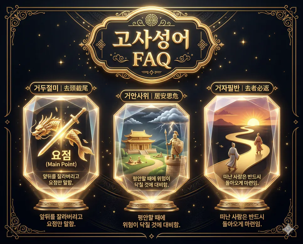 거두절미, 거안사위, 거자필반의 한자 뜻과 유래, 현대적 교훈을 한눈에 정리한 FAQ 인포그래픽