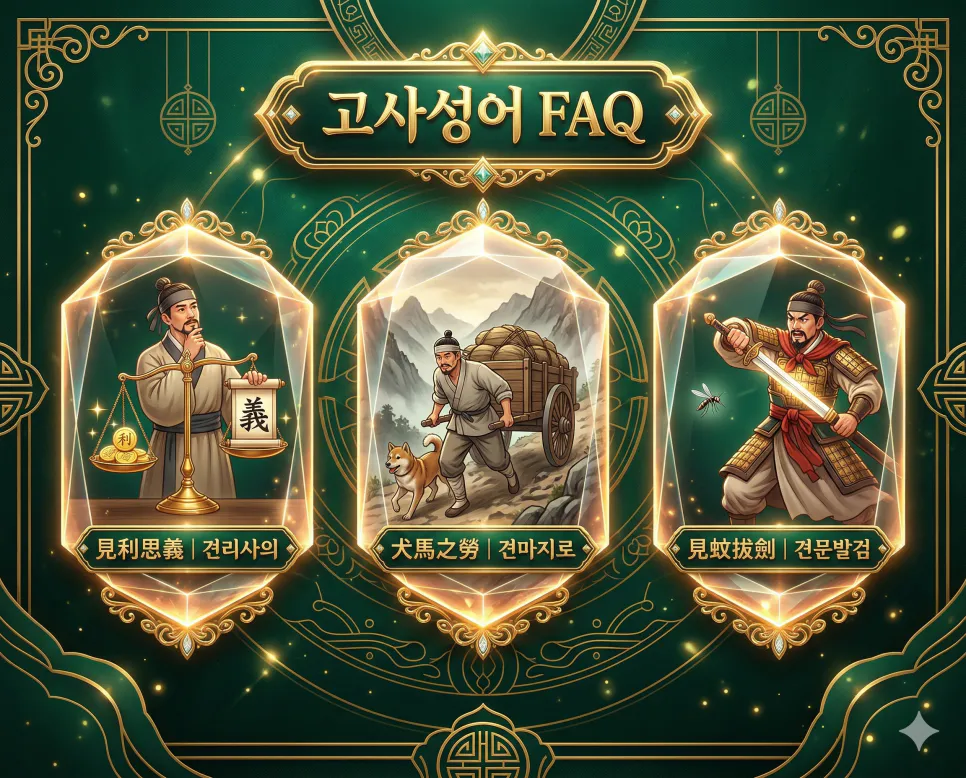 견리사의, 견마지로, 견문발검의 한자 뜻과 유래, 현대적 교훈을 한눈에 정리한 FAQ 인포그래픽